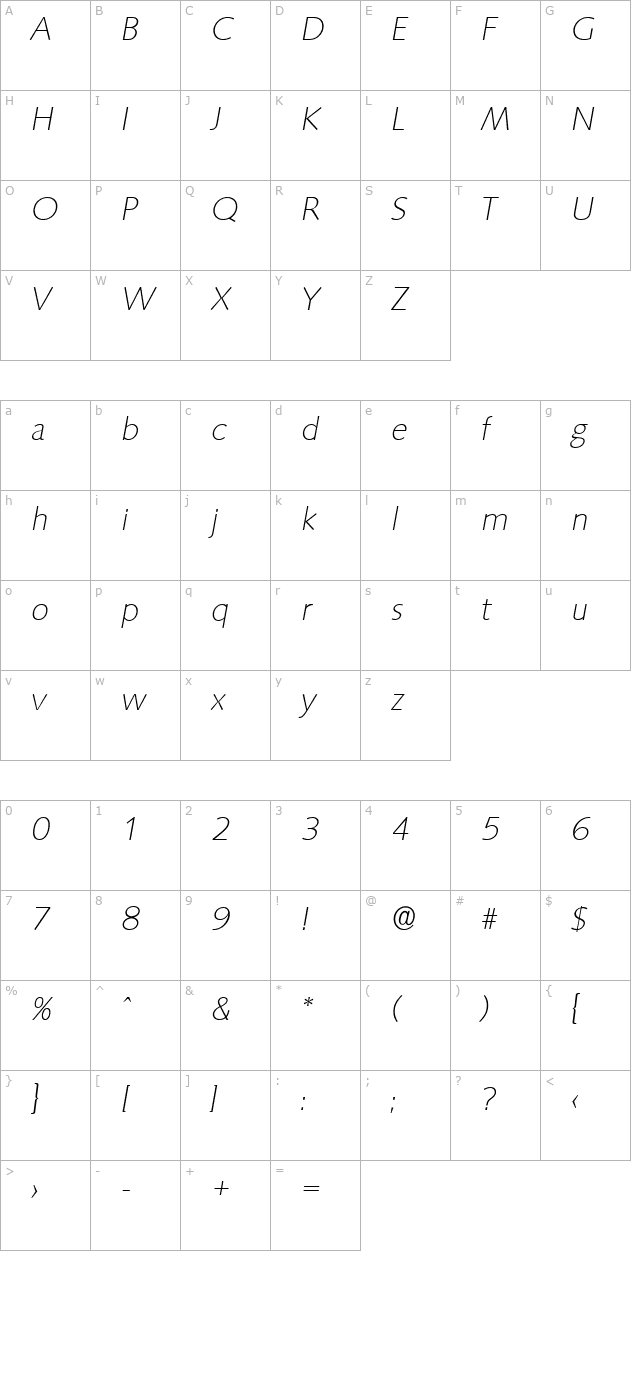 RogerBecker-ExtraLight Italic character map