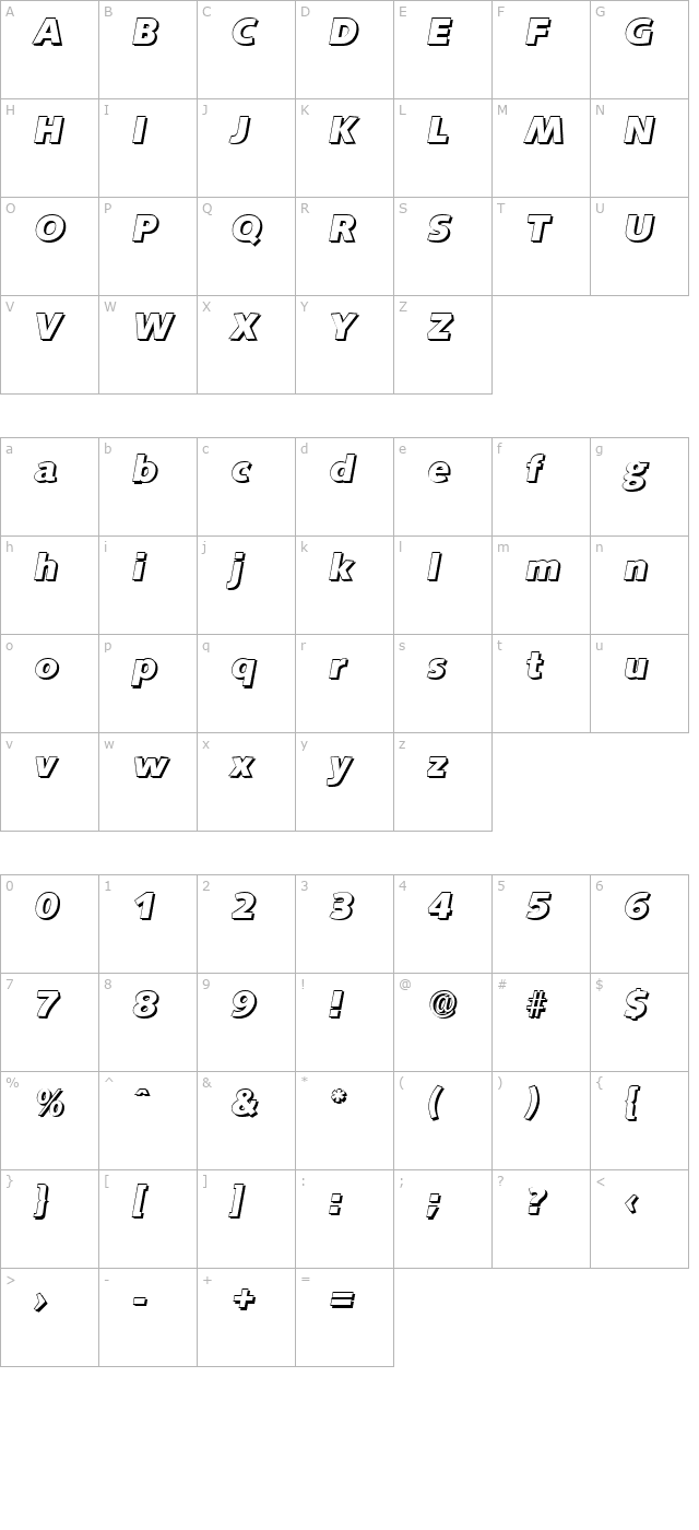 RogerBeckerShadow-ExtraBold-Italic character map