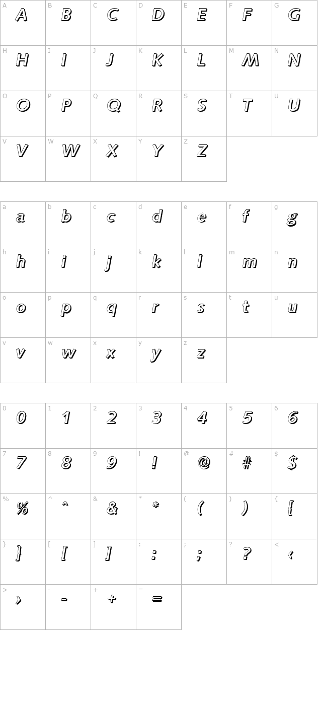RogerBeckerShadow-Medium-Italic character map