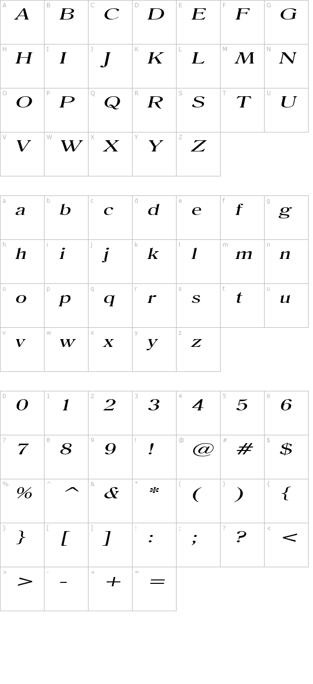 Roomy Extended Italic character map