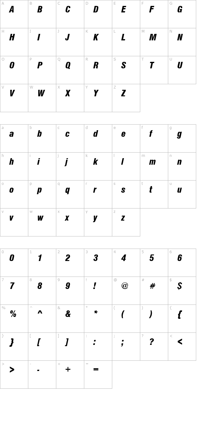 SansCondLH Bold Italic character map