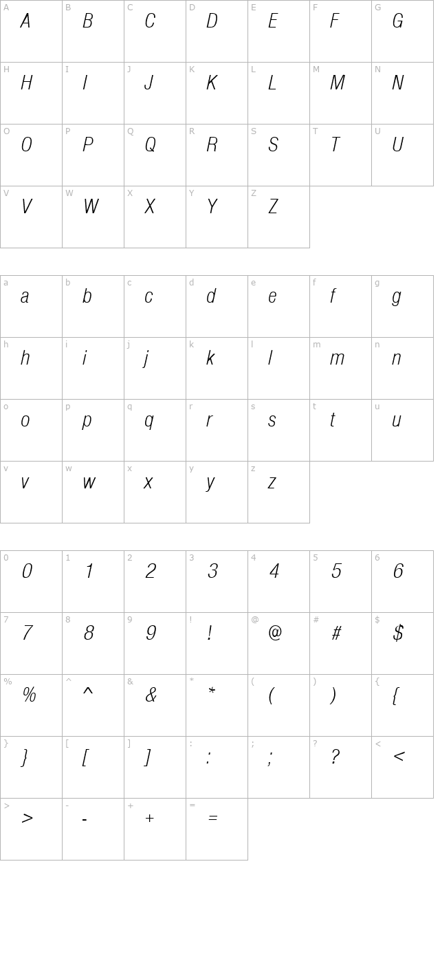 SansCondLH Italic character map