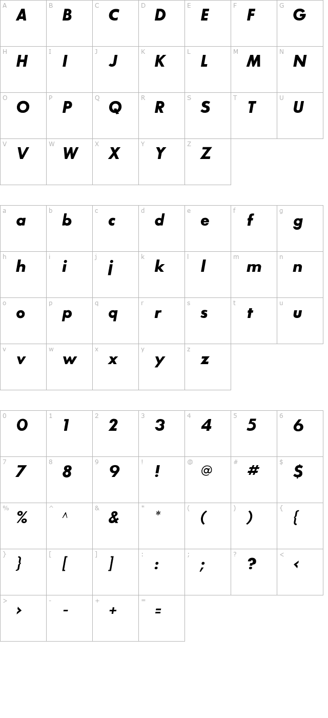 SansSerifBldFLF-Italic character map