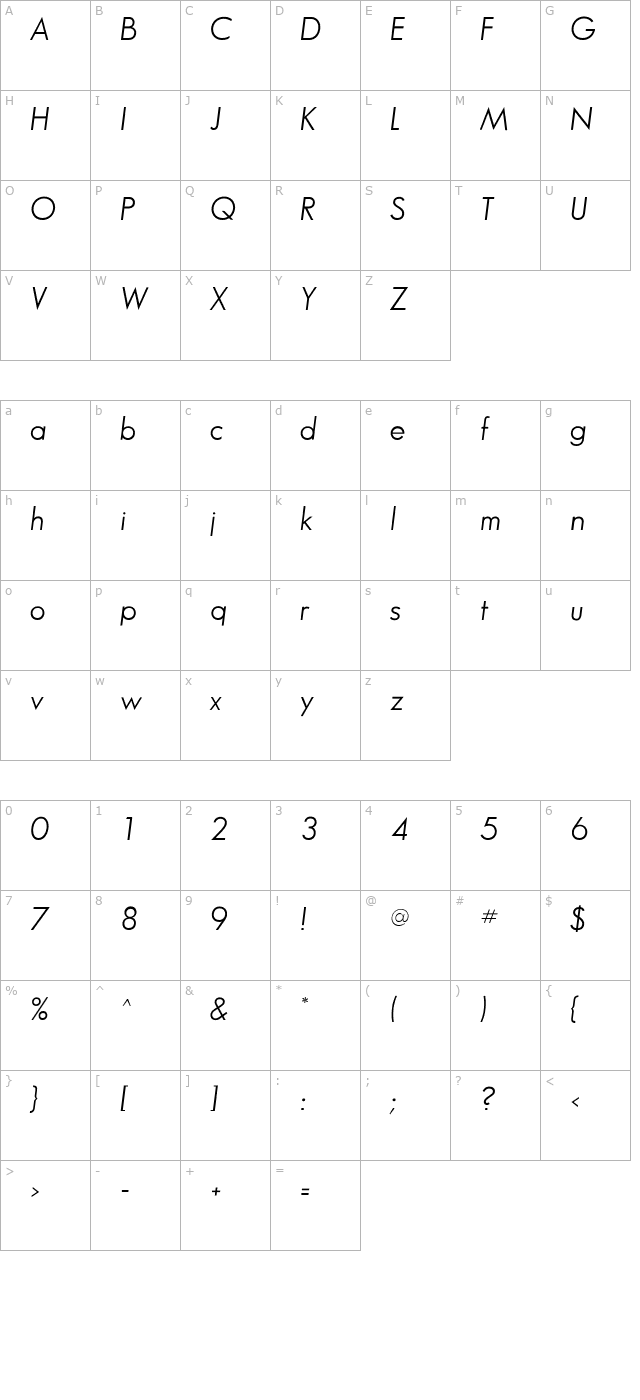 SansSerifBookFLF-Italic character map
