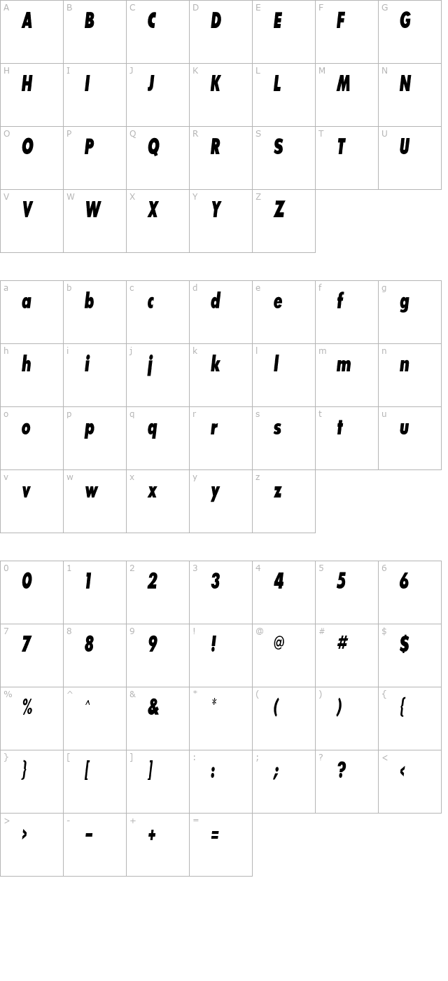 SansSerifExbFLFCond-Italic character map