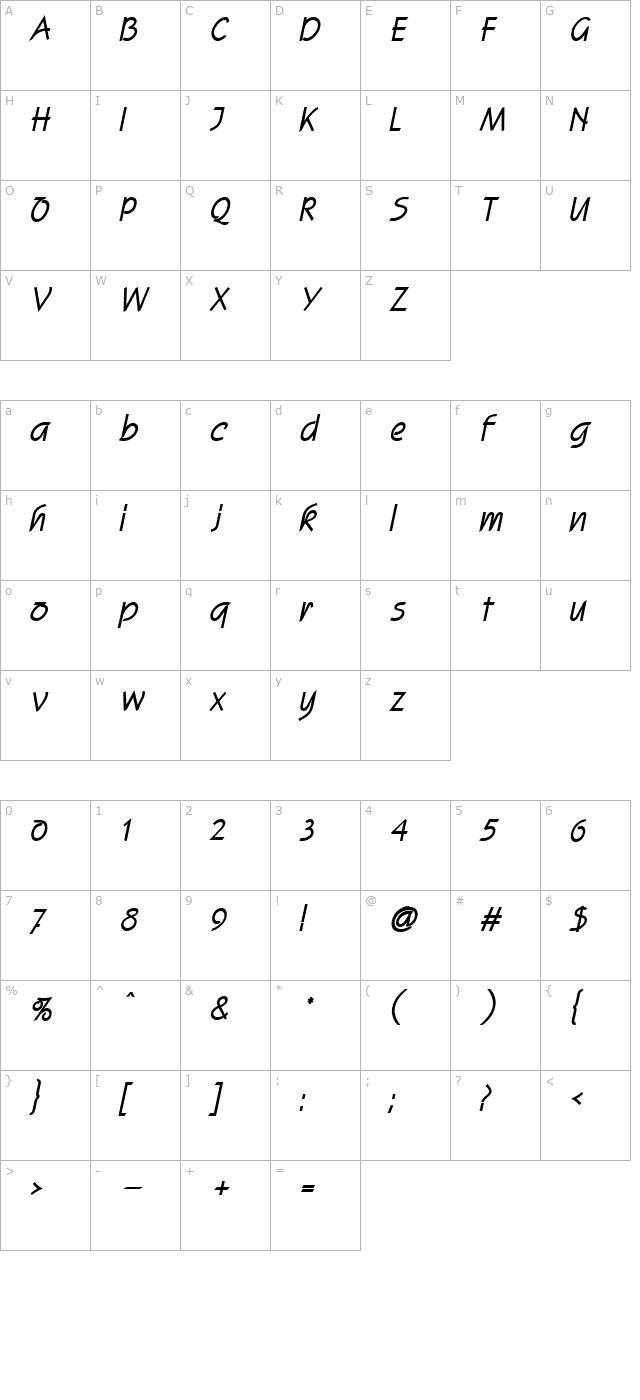 Scroll Heavy Italic character map