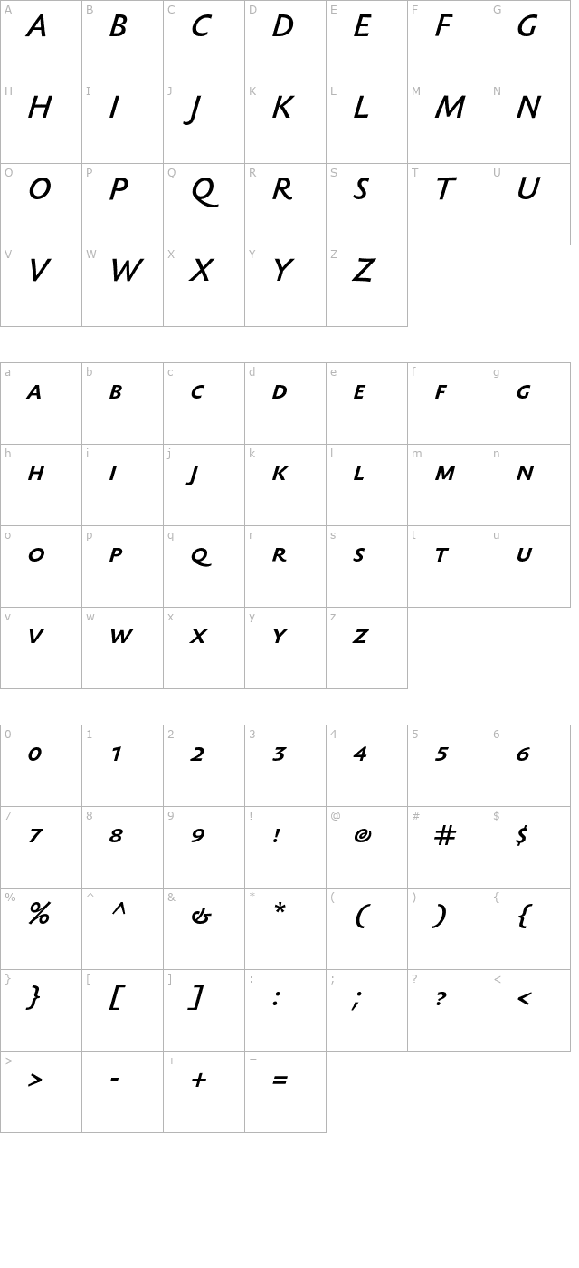 SebastianMediumSC-Italic character map