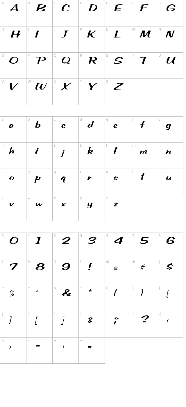 SeldaneScript Italic character map