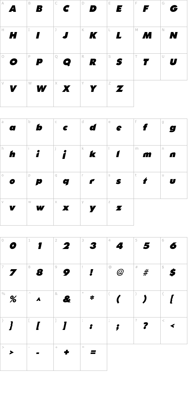 SharnayBlack Italic character map