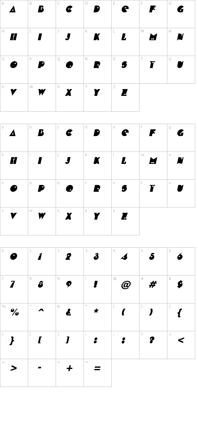 ShotShell Italic character map