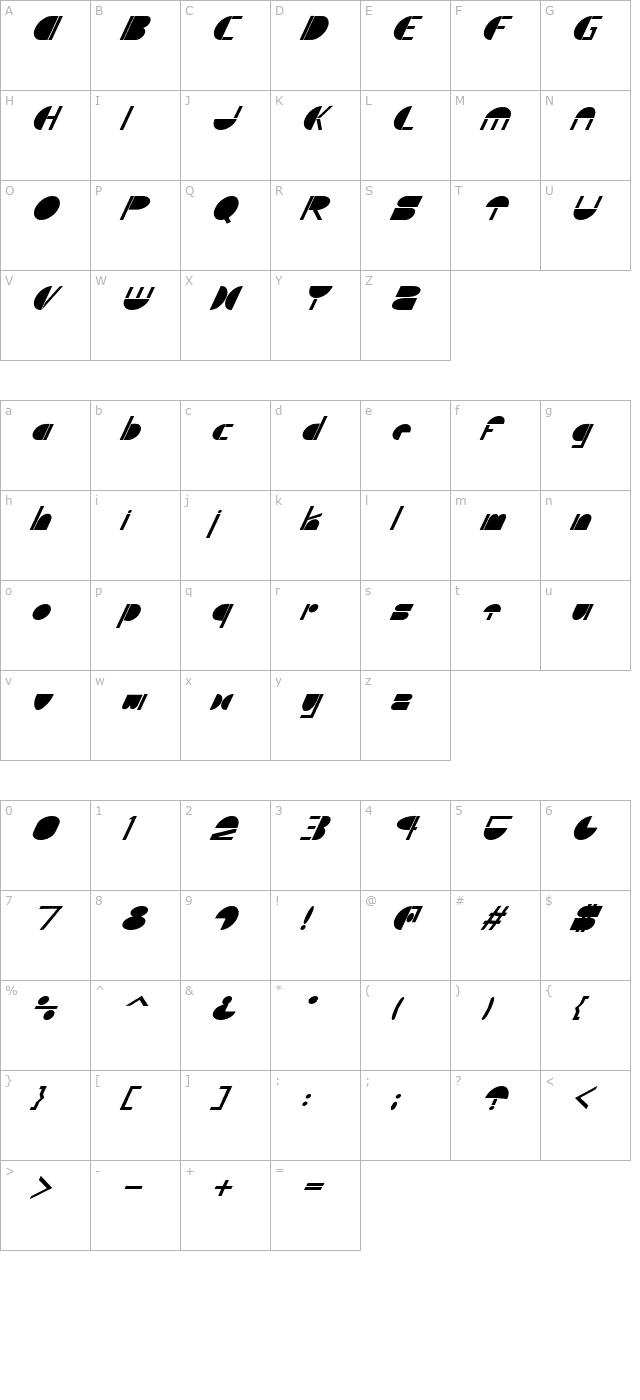 Shroom Bold Italic character map
