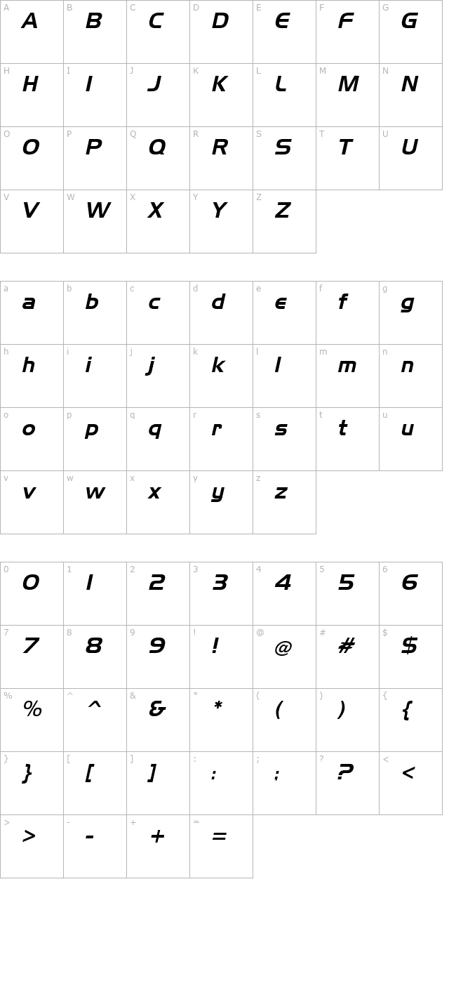 Slicker Italic character map