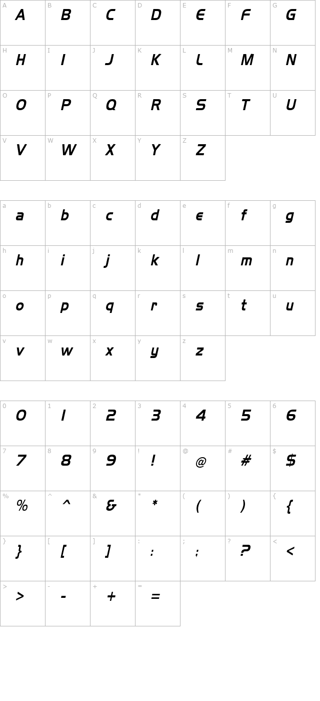 Slickerer Italic character map