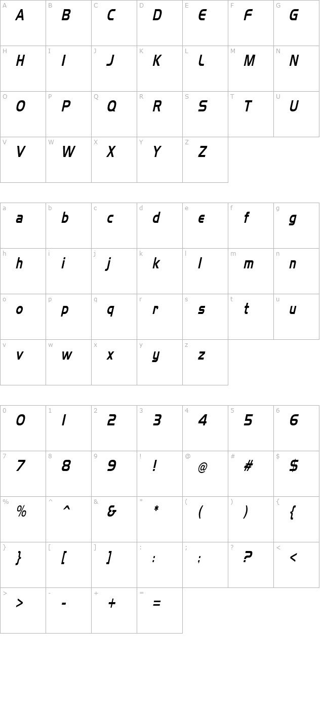 Slickerest Italic character map