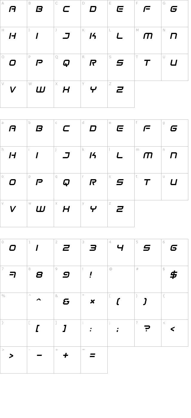 Space Frigate Italic character map