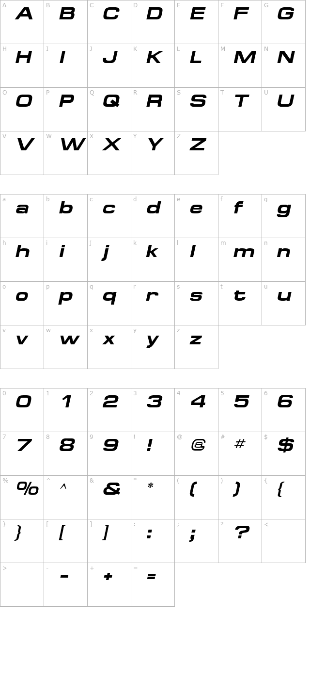 spaceoutbold-italic character map