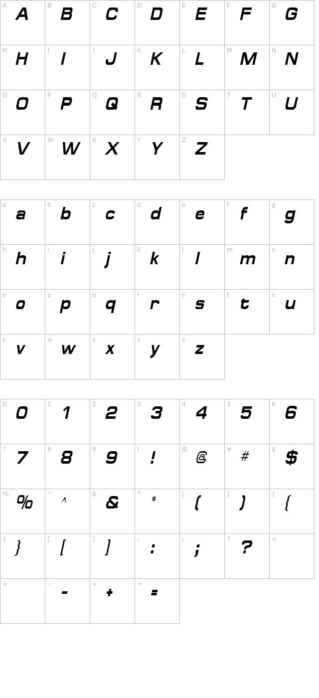 spaceoutboldcondensed-italic character map