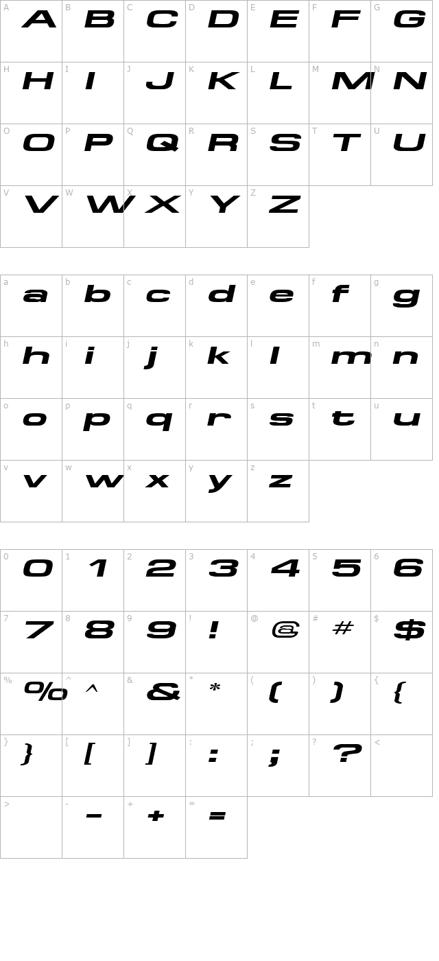 SpaceOutBoldExtended Italic character map