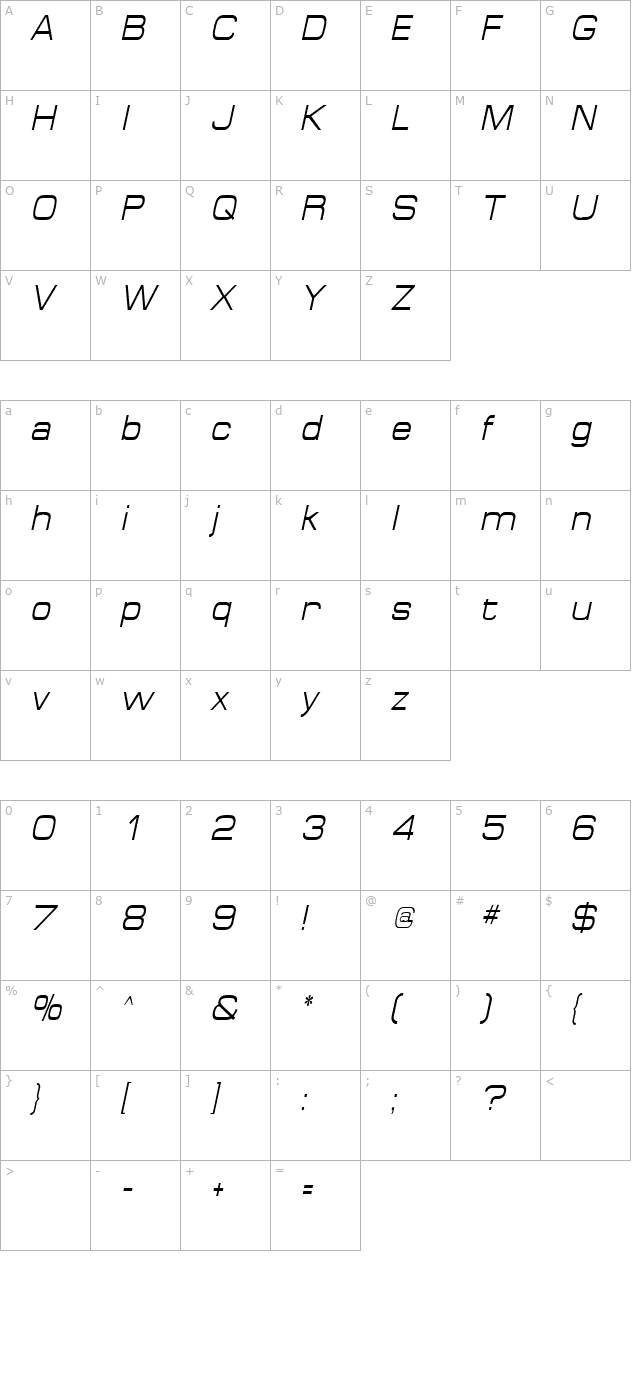 spaceoutcondensed-italic character map