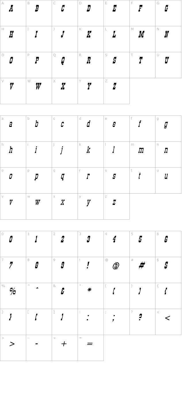 Stagecoach Italic character map