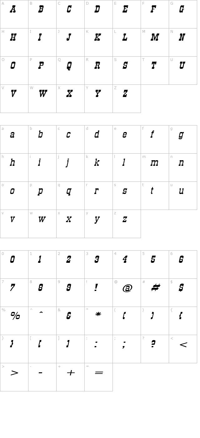 stagecoachextended-italic character map