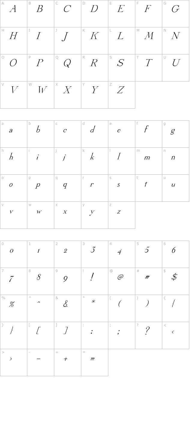 Stickee-Italic character map