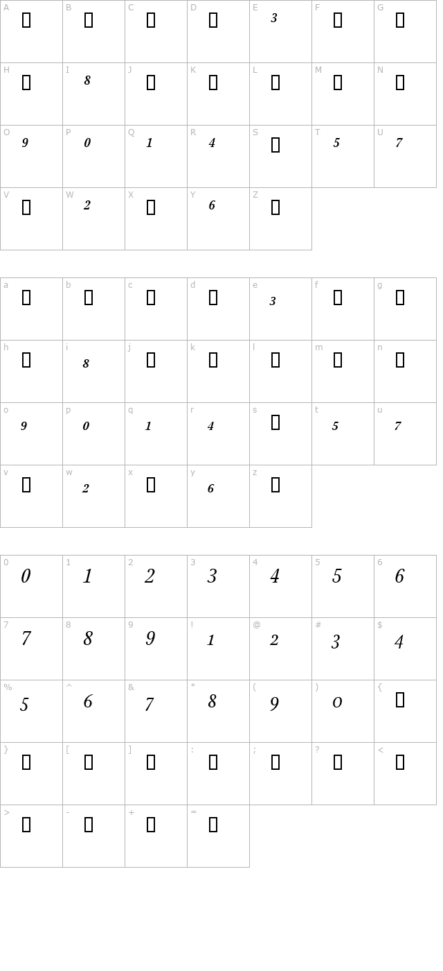 StonePrintFracs Italic character map