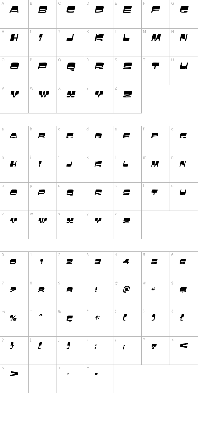 Sunbelt Italic character map