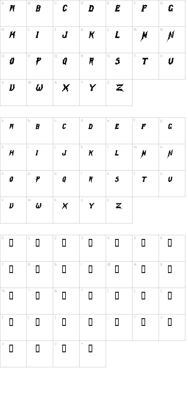 SwampTerror Italic character map