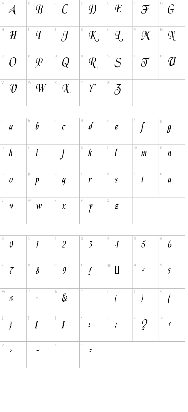 SwordsmanCondensed Italic character map