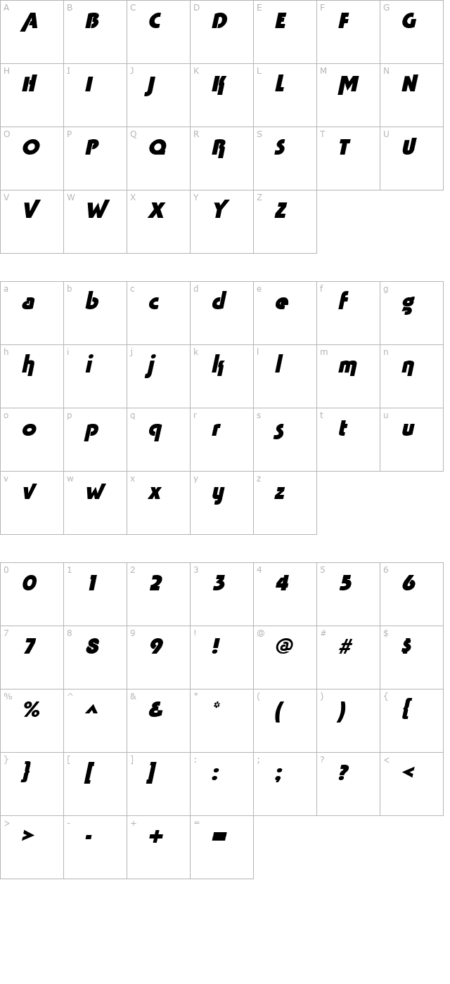 TabathaHeavy Italic character map