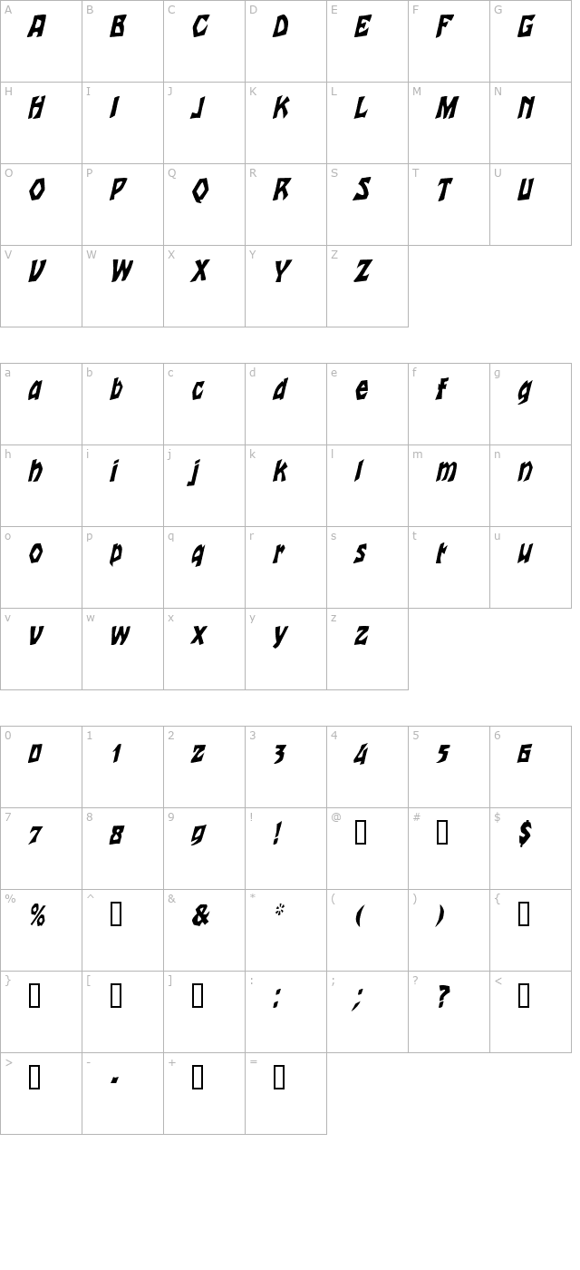TalonCondensed Italic character map