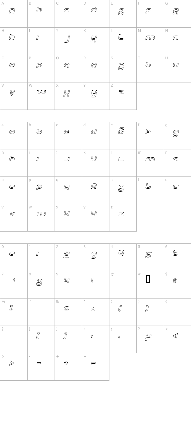 Tech Font Outline Italic character map