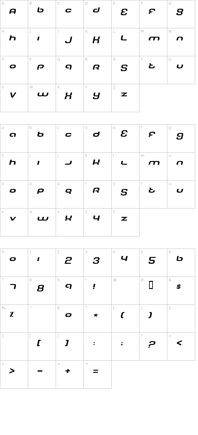 Tech Font Wide Italic character map