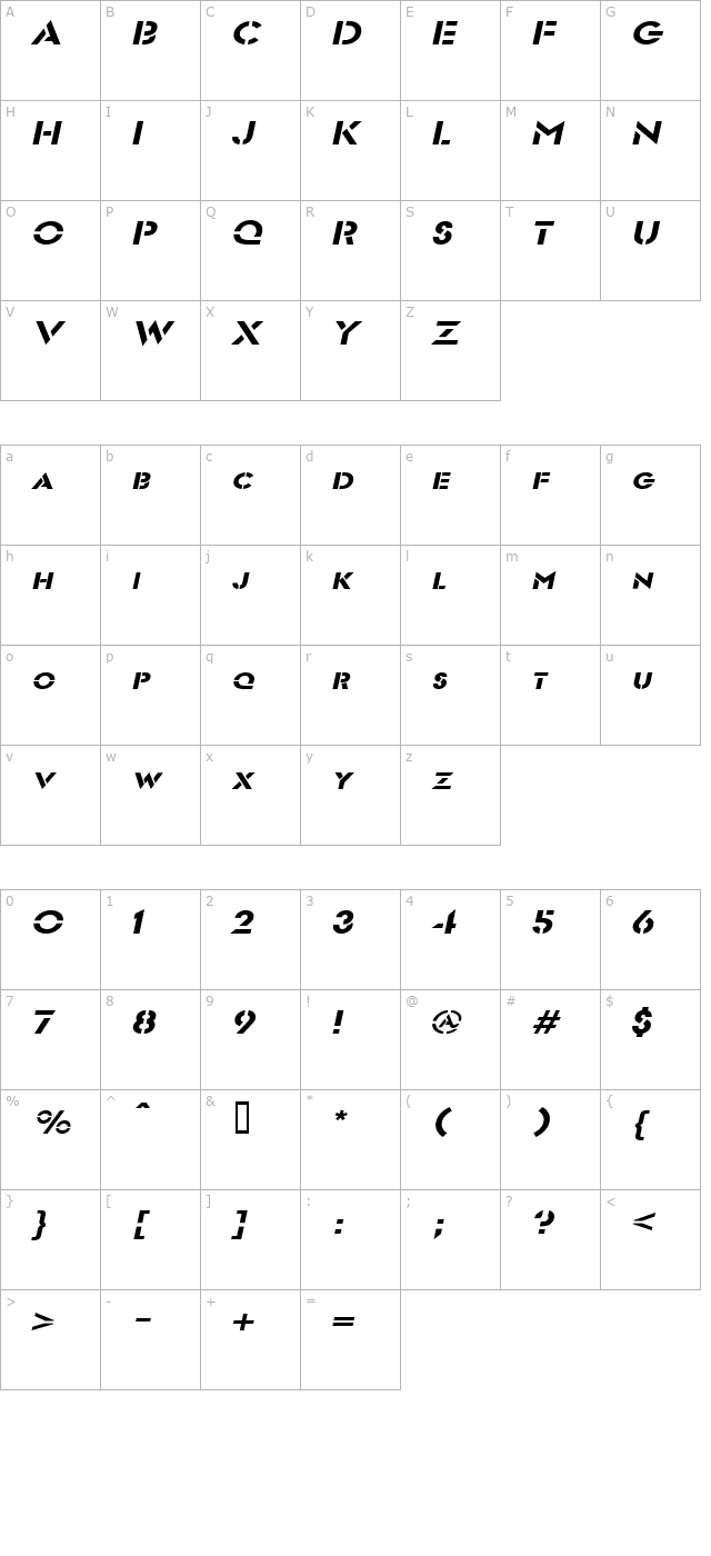 Templett Wide Italic character map