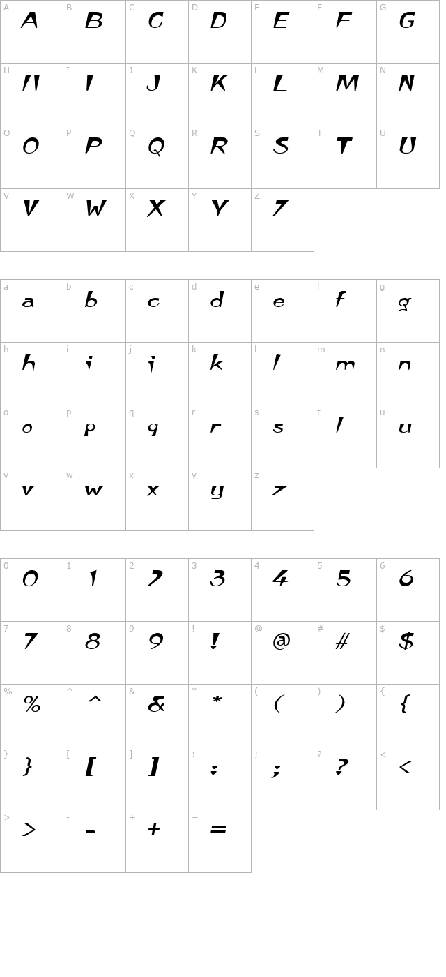 TempuraExpanded Italic character map
