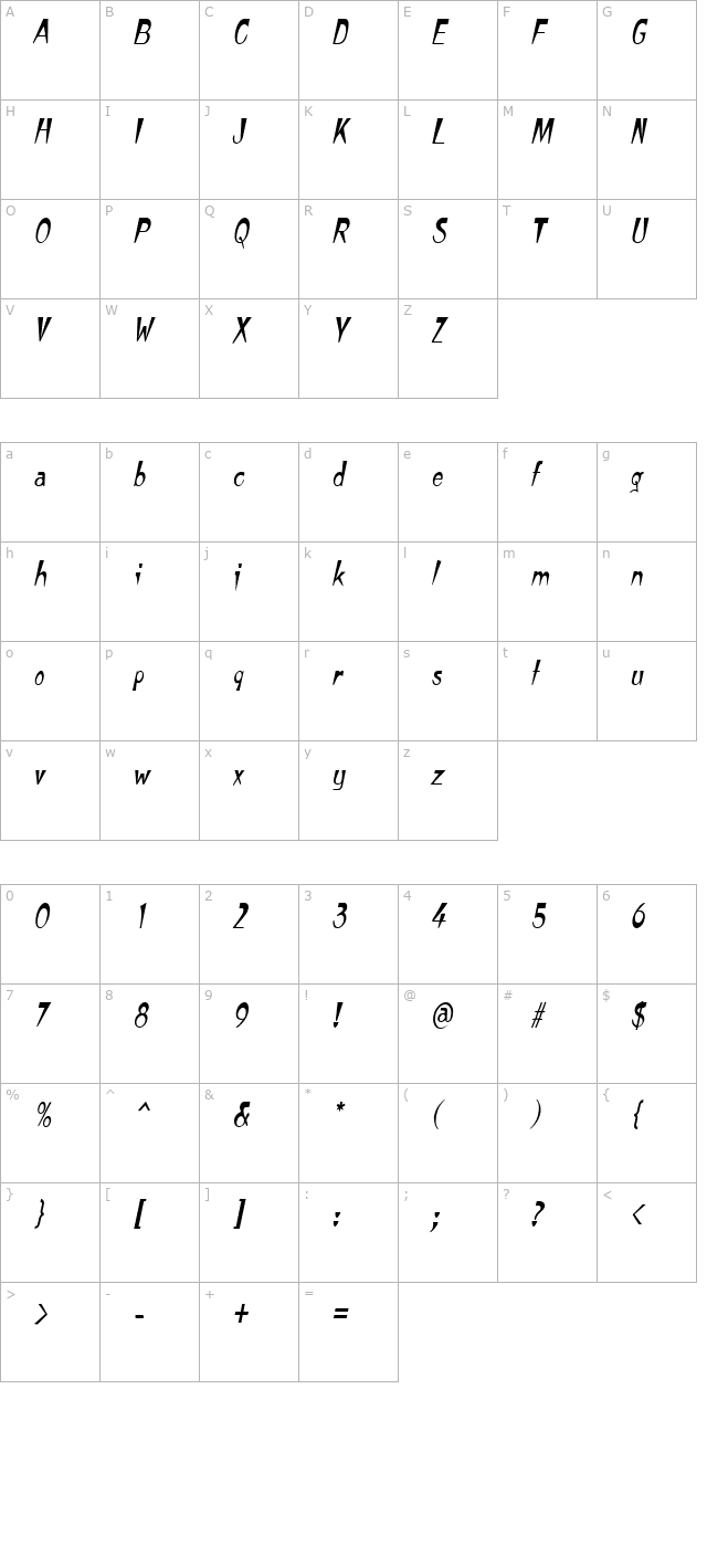 tempuranarrow-italic character map