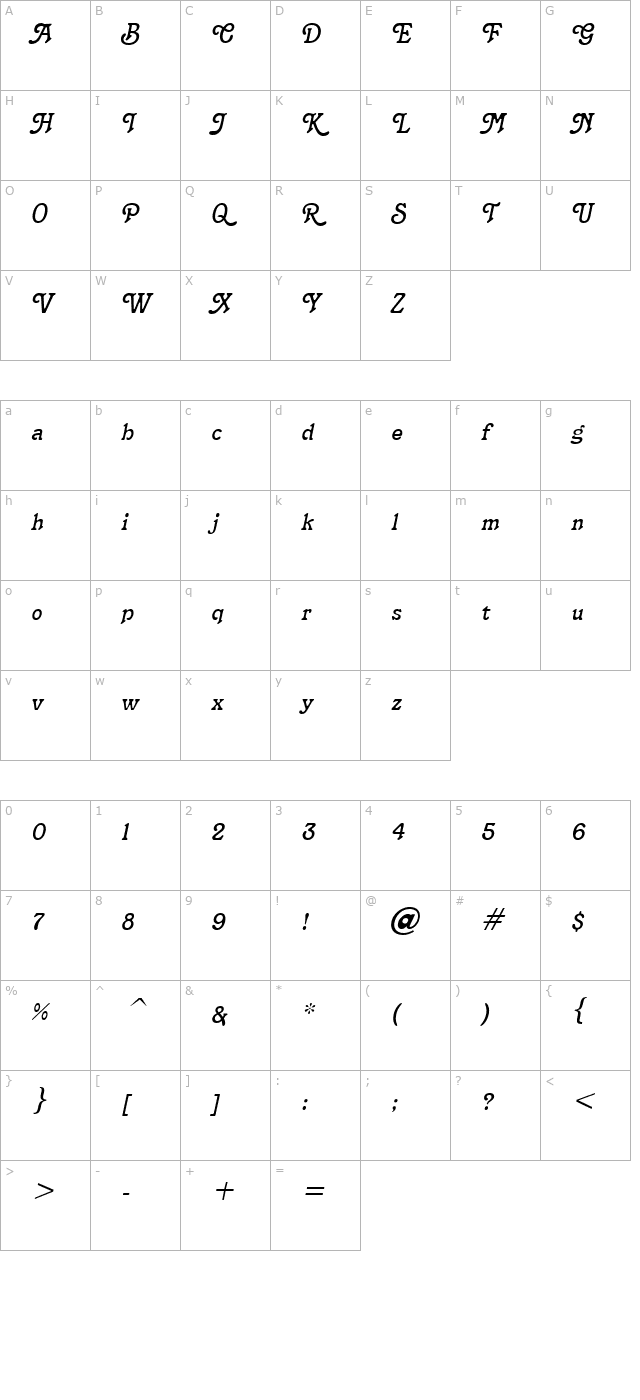 Terra Narrow Italic character map