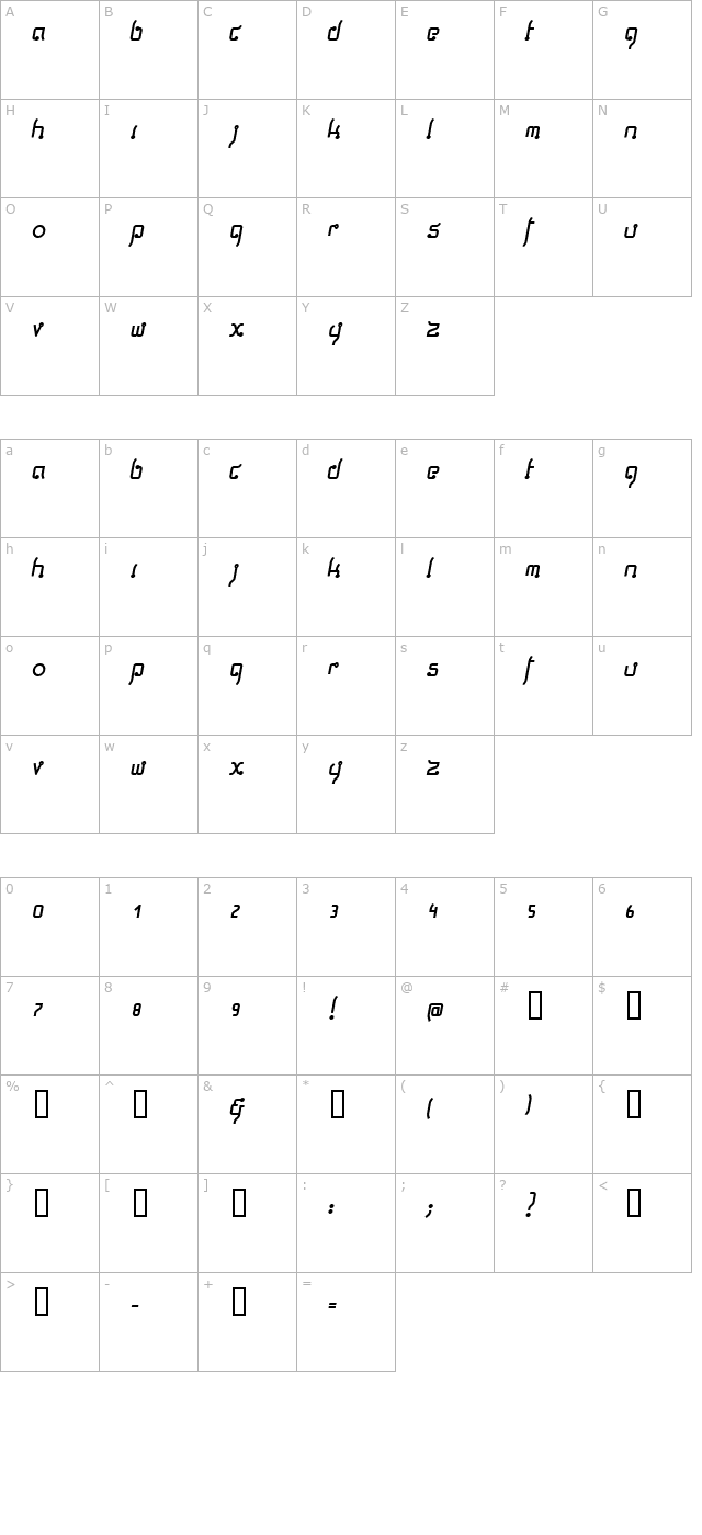 Thaiga Italic character map
