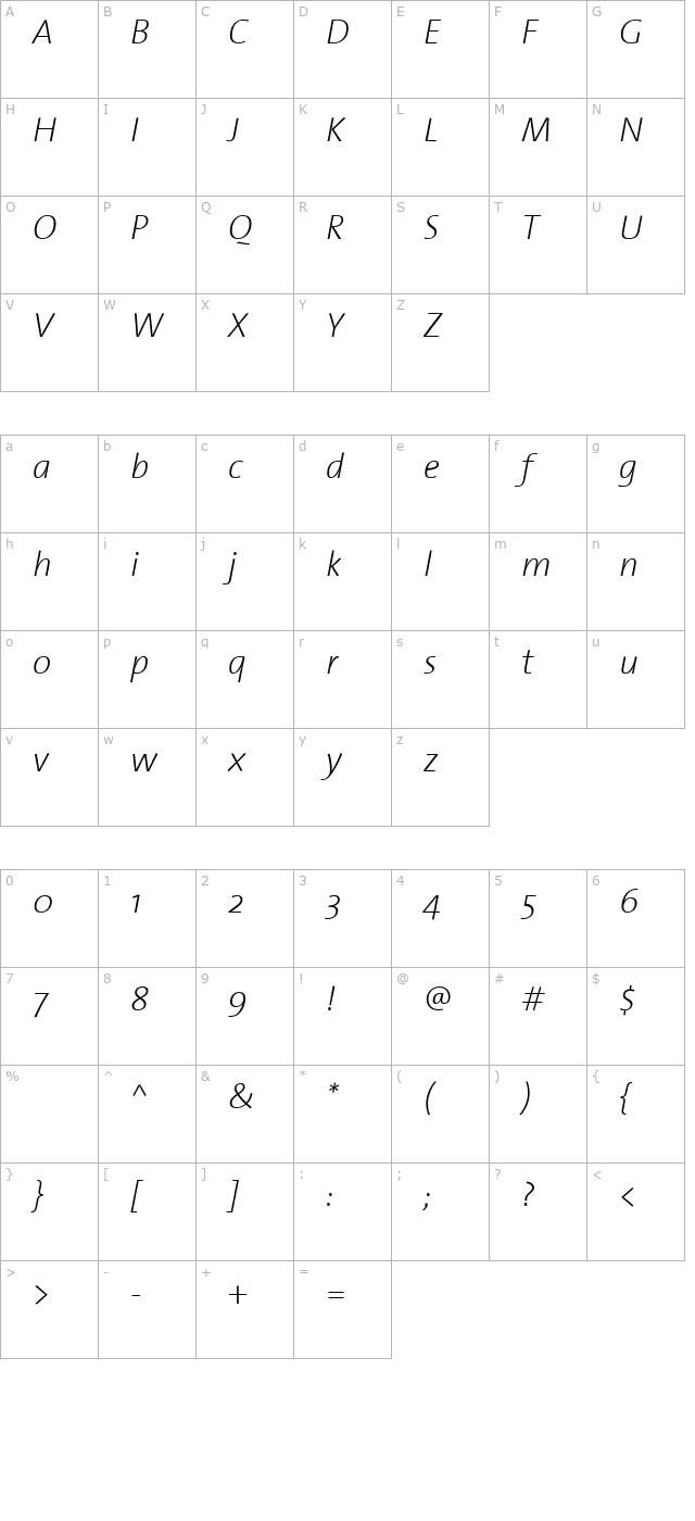 TheSansExtraLight Italic character map