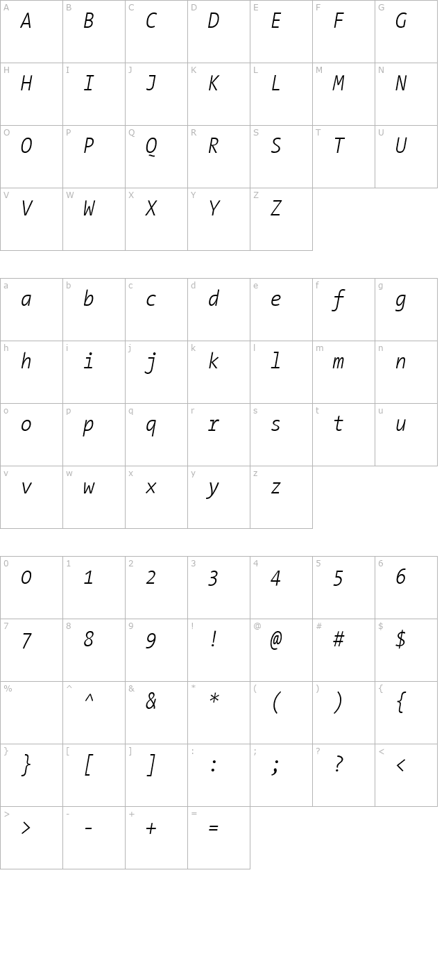 TheSansMonoCondensed Light Italic character map