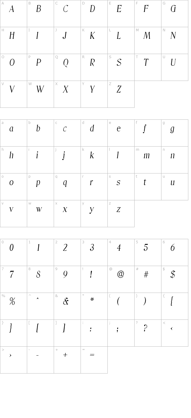 ThomasBecker-Light Italic character map