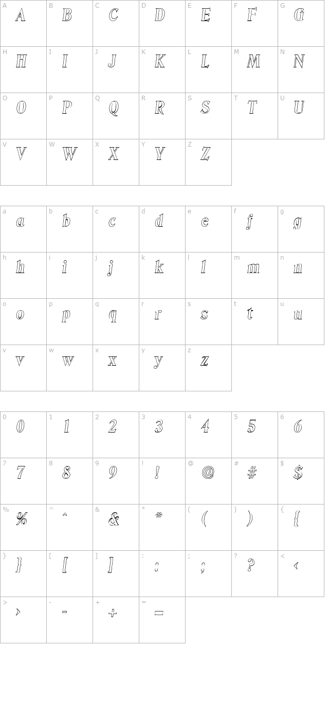 ThomasBeckerOutline Bold Italic character map