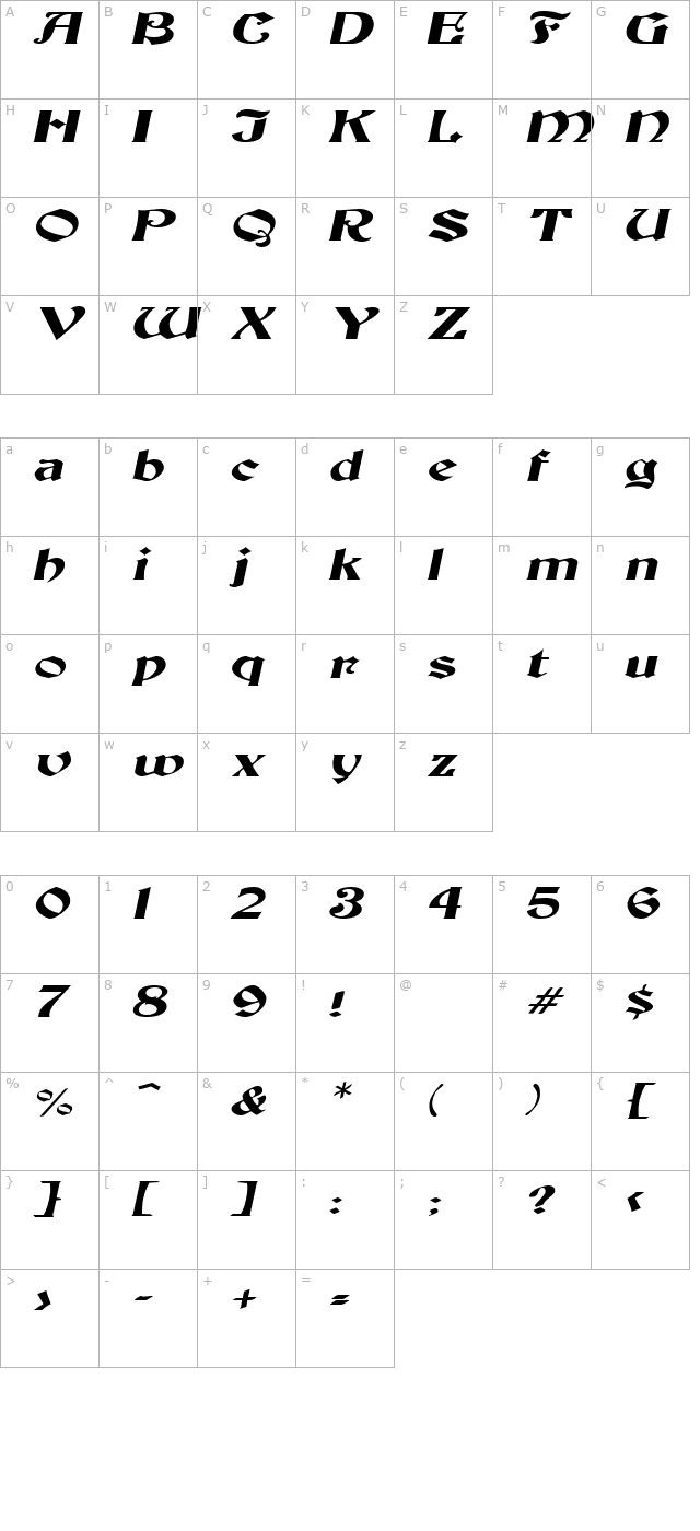 thorntonextended-italic character map