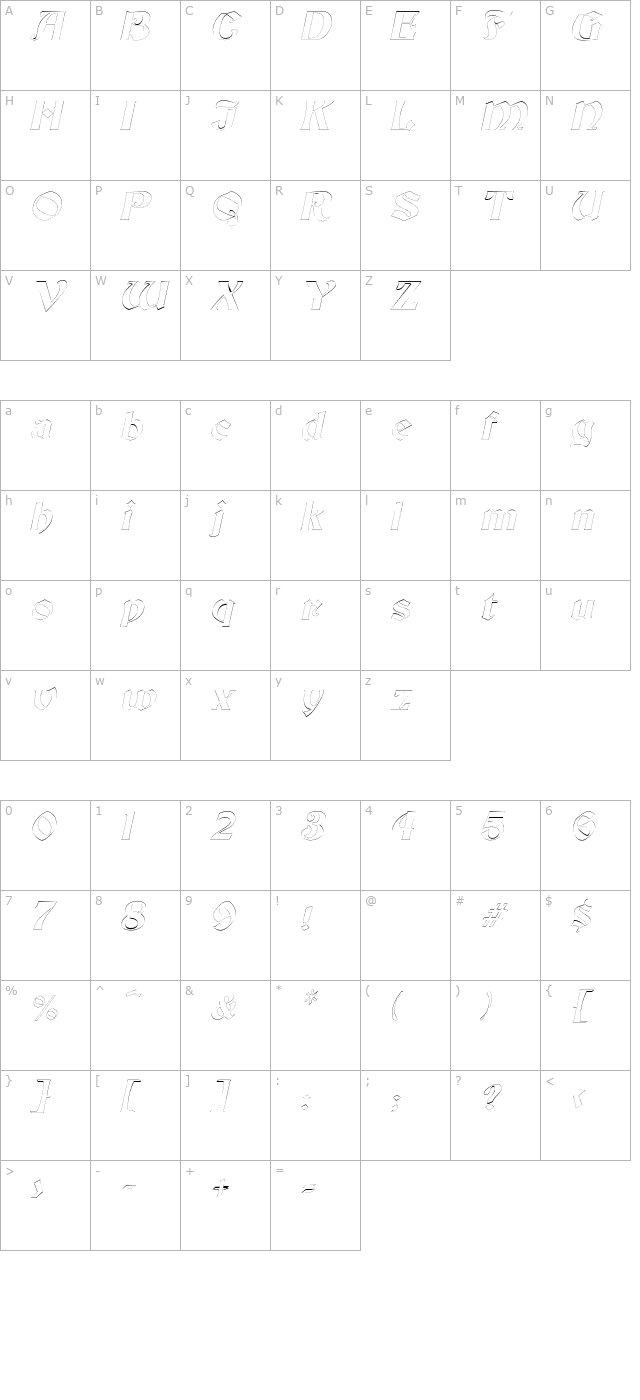 ThorntonOutline Italic character map