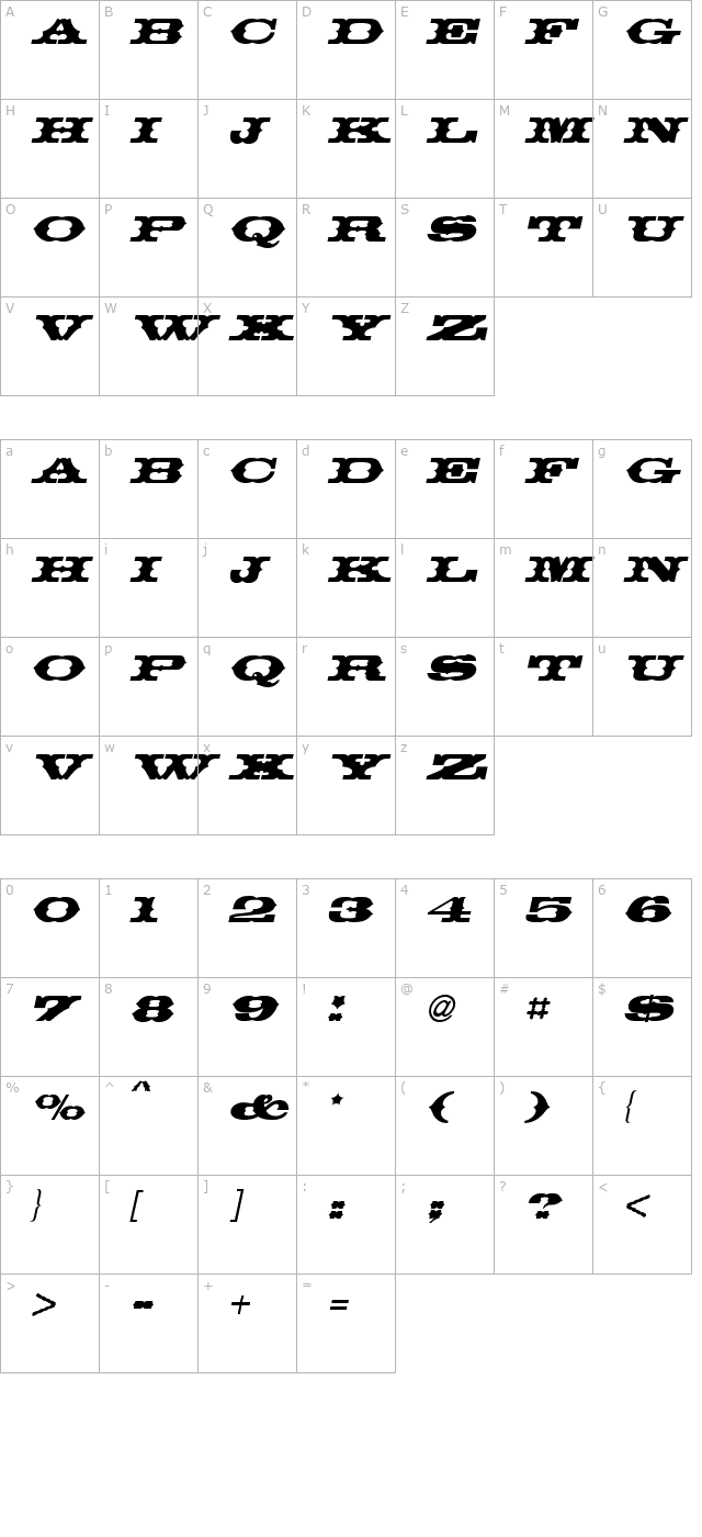 Thunder row Italic character map