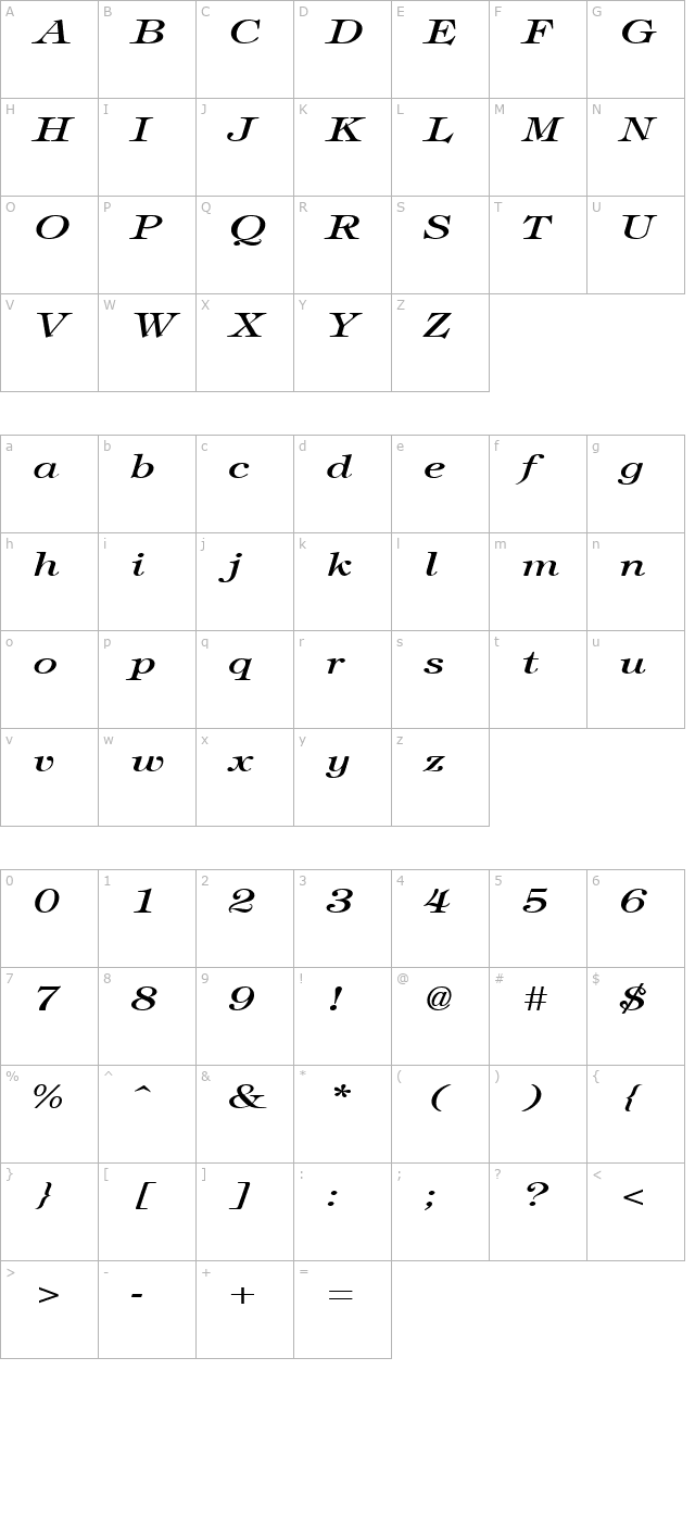 TimbrelBroad Italic character map