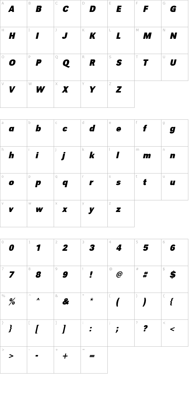 TomBeckerNarrow Bold Italic character map