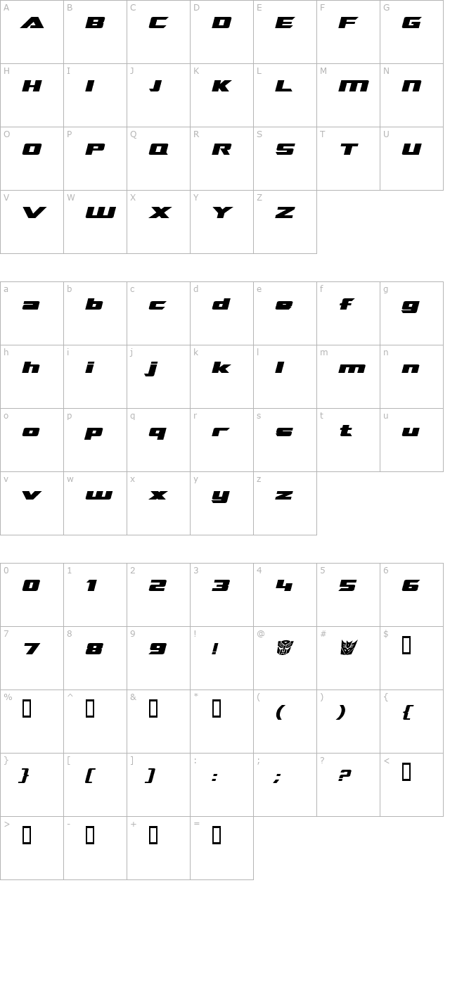 TransRobotics Extended Bold Italic character map