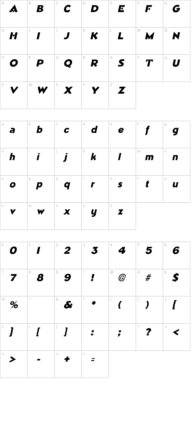 trimble-italic character map